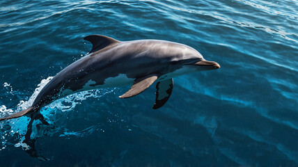 A dolphin gracefully swimming and leaping out of the open sea with clear water showcasing its streamlined body and fluid motion.