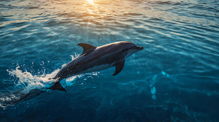 Naklejka premium A single dolphin glides beneath the sun's golden rays cast over the calm ocean waters, creating a peaceful and scenic view.