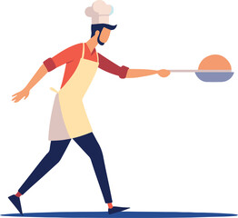 A man in a chef's hat is holding a pan and a spatula. He is preparing food, possibly a pizza. Concept of focus and determination as the chef works to create a delicious meal