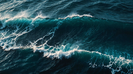 A powerful ocean wave crashes on the deep blue sea, showcasing the ocean's strength and dynamic nature in a vivid scene.