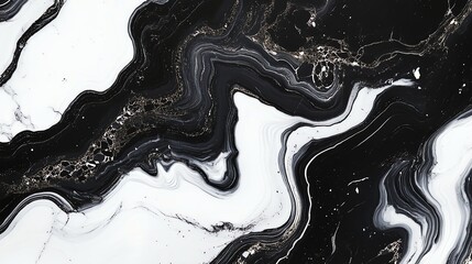 Abstract black, white and gold marbled background with swirling patterns.