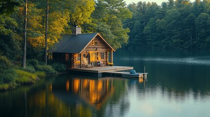 Fototapeta premium Rustic Log Cabin on a Secluded Lake with a Boat Docked at the Dock