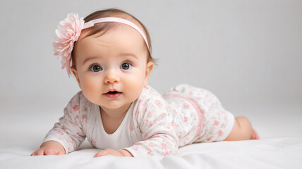 A cute baby girl in a matching floral outfit with a headband offers a sweet, joyful expression, laying on soft bedding.