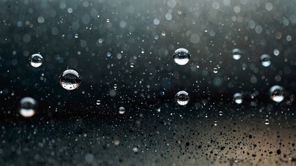 Close-up of clear droplets on a surface, showcasing their delicate nature with a dark, blurry...