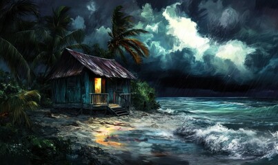 Digital painting of a beach hut about to be battered by a hurricane, with raging seas and stormy skies. Power of nature with intense colors and dramatic lighting.
