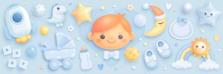 Baby shower 3d elements set isolated on background. It a boy decoration. Baby birth vector clipart. Cartoon toys, rainbow, rocket illustration. Greeting card, invitation, banner design template