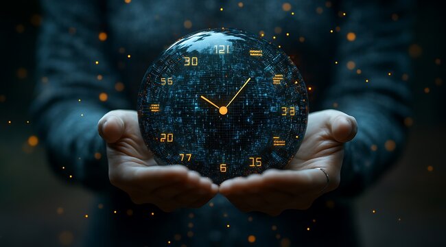 businessman holding a digital clock, holographic productivity tools, task lists, project timelines, and efficiency metrics, technology in optimizing time management design,