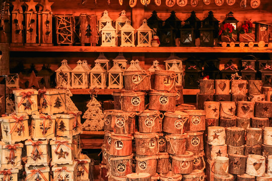 Handcrafted wooden decorations at a market in Salzburg, Austria during the festive season
