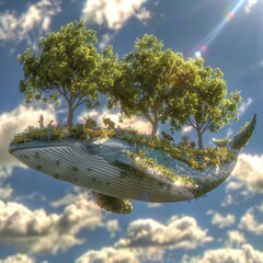 A fantastical whale flying through the sky, adorned with lush trees and vibrant greenery, merging nature with imagination.