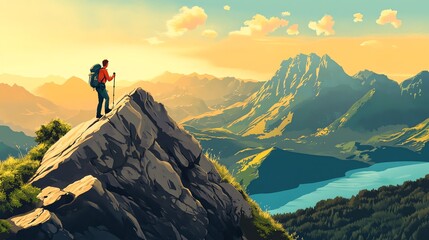 A lone hiker stands on a mountain peak, overlooking a vast valley with a lake.