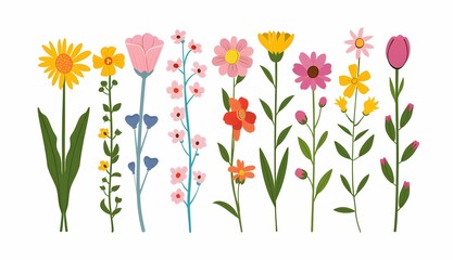 Assorted single flower illustration, colorful elegant floral white background