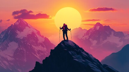Fototapeta premium A hiker stands on a mountaintop at sunset.