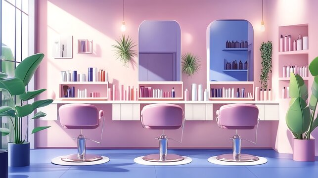 Pink salon interior with three chairs and mirrors.