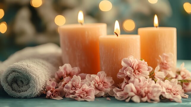 Fototapeta Three burning candles with pink flowers and a rolled towel on a blue background.
