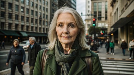 Old woman looks into the camera lens In busy city