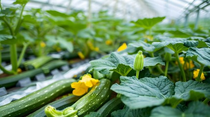 Fototapeta premium Zucchini Plants Growing in a Greenhouse
