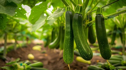 Fresh Zucchini Hanging in a Garden