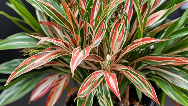 Closeup of a stromanthe triostar houseplant Blood-red stromanta - Stromanthe Triostar Tricolor variety close-up leaf on the windowsill in bright sunlight with shadows. Potted house plants, green home 