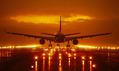 Airplane landing on runway at sunset with lights.
