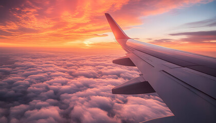 Airplane wing flying above the clouds at sunset with a vibrant sky.