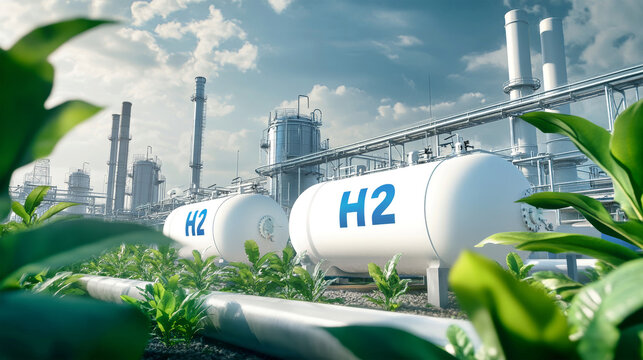 White tanks labeled H2 sit among lush green foliage, showcasing an industrial hydrogen production plant under a vibrant sky