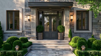 Fototapeta premium Modern House Exterior with Stone Facade and Landscaped Garden