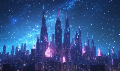 Futuristic city skyline with skyscrapers against a starry night sky.
