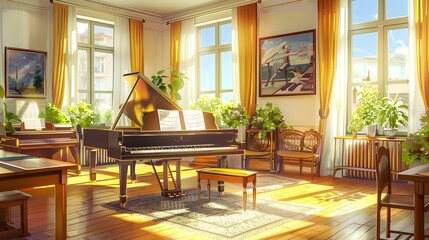 Fototapeta premium Sunlit Music Room with Grand Piano and Art Deco Decor