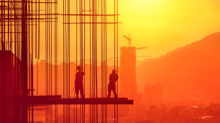 Construction workers labor on steel beams high above a bustling city, with a vibrant yellow-red gradient sky illuminating their silhouettes at dusk