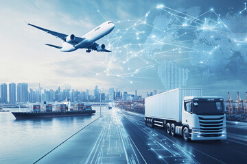 Transportation and logistics network distribution technology concept. logistics and supply chain management. Planning with real time visibility and control over optimized supply chain.

