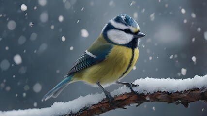Obraz premium Snow winter with cute songbird. Bird Blue Tit in forest, snowflakes and nice lichen branch. First snow with animal. 