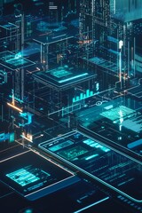 Fototapeta premium A digital landscape illustrating cross-platform integration with web and mobile applications seamlessly interacting. The scene includes synchronized data and collaborative tools, Generative AI