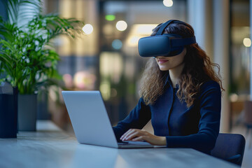 Woman using VR headset, interacting with invisible interface in modern office with laptop