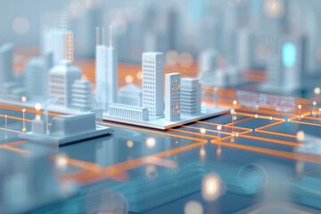 Cityscape visualization showing integrated 6G network nodes collecting environmental data and facilitating communication, enhancing urban planning and energy efficiency