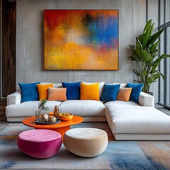  Minimalist interior design of modern living room with sofa with colorful pillows. 