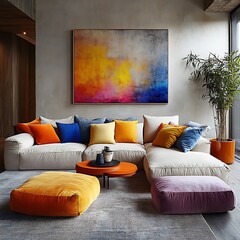  Minimalist interior design of modern living room with sofa with colorful pillows. 