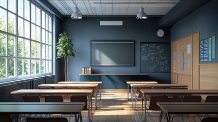 Fototapeta premium A modern classroom with desks, a chalkboard, and natural light.