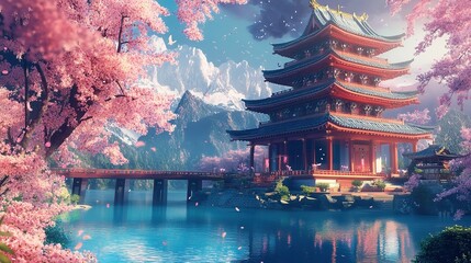 Obraz premium Lofi Beautiful Japanese Japan Buddhist Temple Shinto Shrine at Sea River with Cherry Blossom Sakura Architecture - Anime Manga Style Cozy Chill Relax Wallpaper Background 