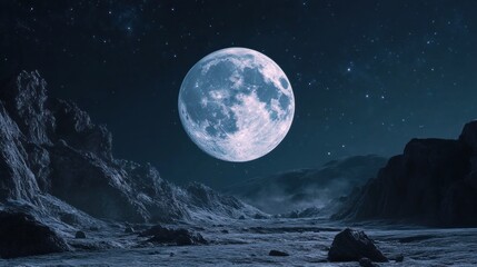 A serene lunar landscape featuring a large moon against a starry sky.