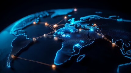 Obraz premium A world map with pulsating network lines connecting key business hubs, symbolizing the infrastructure of a global business networking strategy