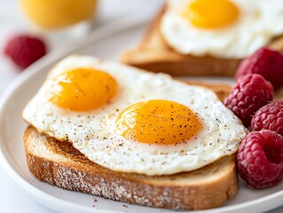 Fototapeta premium Breakfast spread with eggs, toast, and fruit, Monday morning, healthy and delicious