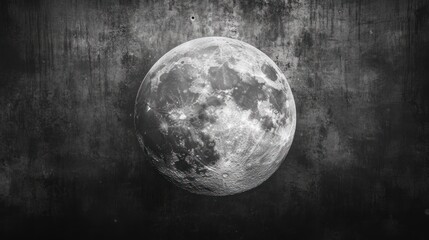 A detailed depiction of the moon against a textured black background.