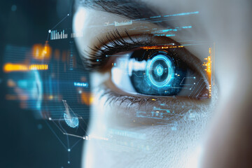 Eye interacting with futuristic HUD display, biometric data, and digital interface elements