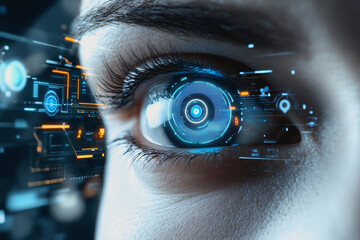 Eye interacting with futuristic HUD display, biometric data, and digital interface elements
