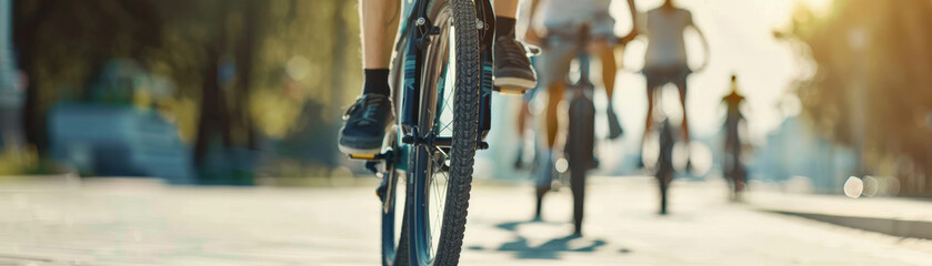 Naklejka premium Group of cyclists riding electric bikes in an urban environment. Personal energy-efficient transportation. Emphasizing the benefits of eco-friendly commuting and sustainable urban mobility solutions.