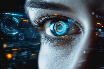Eye interacting with futuristic HUD display, biometric data, and digital interface elements