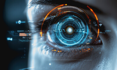 Eye interacting with futuristic HUD display, biometric data, and digital interface elements