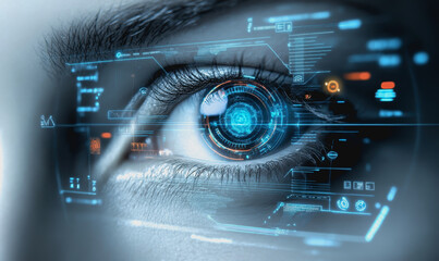 Eye interacting with futuristic HUD display, biometric data, and digital interface elements