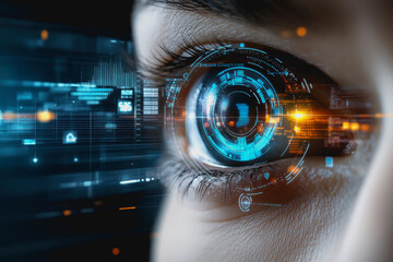 Eye interacting with futuristic HUD display, biometric data, and digital interface elements