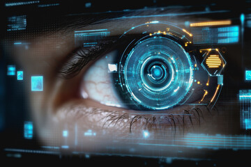 Eye interacting with futuristic HUD display, biometric data, and digital interface elements